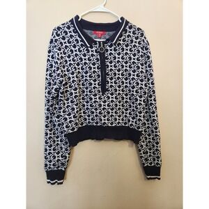 Guess Los Angeles Navy Blue Monogram Quarter Zip Cropped Sweater Womens XL